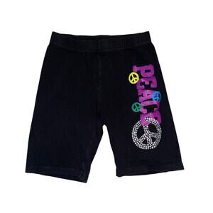 Girls M 7-8 Black Shorts Peace Silver Glitter Gym Cheer Stretch Elastic Waist